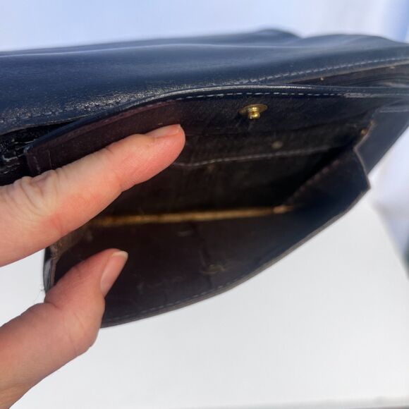 Bosca Leather Snap Top Foldover Pouch Wallet VTG Full Grain Hide Black/Blue - Picture 5 of 9